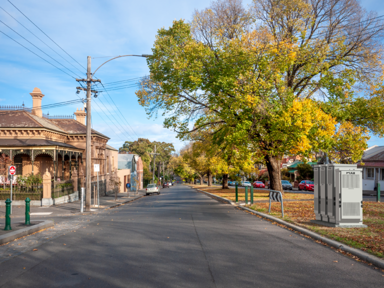 Artist's impression of a neighbourhood battery in a Melbourne street